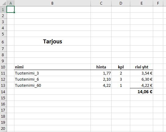 Tarjous VBA-ohjelman laatimana