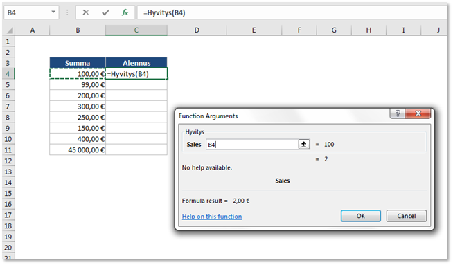 Oman funktion argumentit