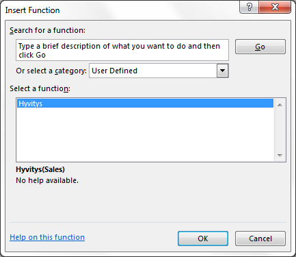 Omat funktiot -luettelo